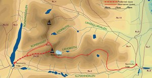 Her ser man anbefalt rute, og alternativ rute ned i skaret mot Vinjeronden